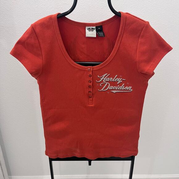 Vintage Harley-Davidson Women's XL Orange Bejeweled Wing Logo Y2K Graphic Tee - Picture 2 of 5